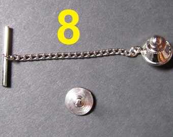 8 Sets - Silver Tone Tie Tacks (Spring Loaded Clutch and Chain)