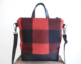 Wool plaid, black canvas crossbody tote bag - repurposed Buffalo check camp blanket - eco vintage fabrics