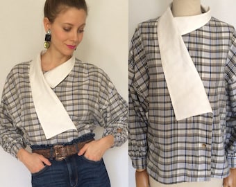 1980's cotton blouse, Checked blouse, Spring blouse, Vintage blouse, Cotton blouse, For her.