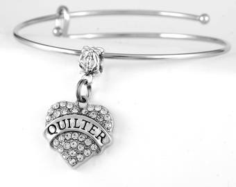 Quilter Bracelet Crystal Heart Quilter Charm Bracelet Quilter Jewelry Quilter gift