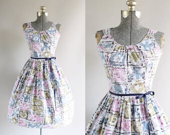 Vintage 1950s Dress / 50s Cotton Dress / Pink and Blue Abstract Print Dress w/ Ribbon Waist Tie XS