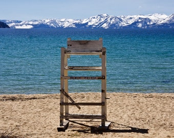 Wooden lifeguard chair on the beach at Sand Harbor on the shores of Lake Tahoe. Nevada. USA