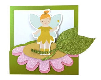 Fairy Card , Blank inside , Sparkle , Glitter , Flower , Leaves , Wishes , Pixie , Girls , Papercut