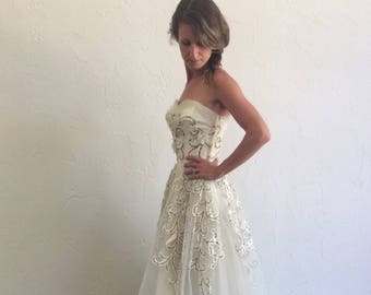 1950s ivory gold sequin tulle vintage wedding dress- 50s strapless romantic princess bridal gown- small