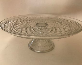 Vintage Wexford Glass Cake Plate Stand Anchor Hocking-"Wexford" Diamond Pattern- Nice