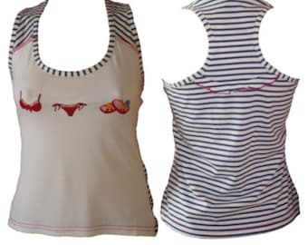 Navy blue white striped tank top with red embroidery, sailor, striped strapless top, Breton t-shirt, marcel