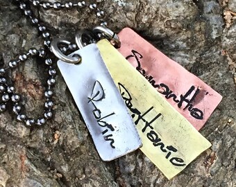 Handstamped Names Necklace, Handstamped Mixed Metal Family Necklace, Handstamped Mother's Necklace