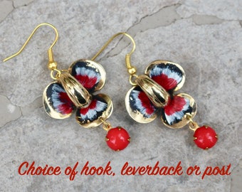 Vintage Enamel Flower Earrings, Upcycled Assemblage Pierced Gold, Red, Glass Drop, Hook, Choice Options, Jennifer Jones, OOAK - Black Iris