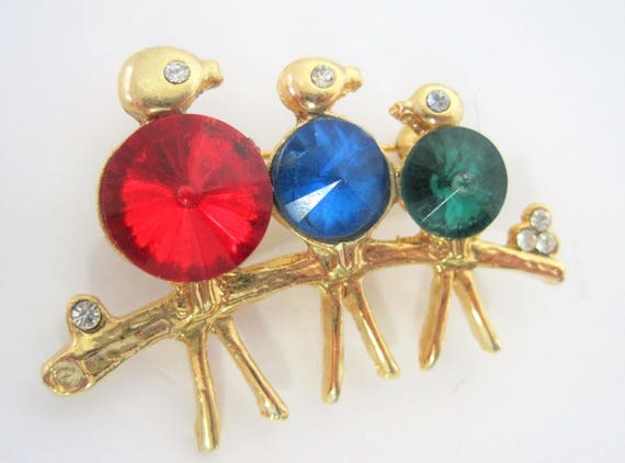 Rivoli Rhinestone Bird Brooch, Three Birds on a Branch, Red Blue Green - Rhinestone Eyes