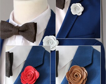 Leather lapel pin, Mens lapel flower, lapel boutonniere, petite rose lapel boutonniere, wedding boutonnniere