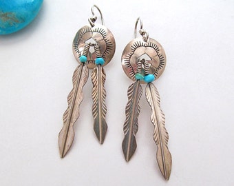 Turquoise Sterling Silver Earrings, Vintage Native American Jewelry, Turquoise Earrings, Silver Concho Feather Earring, Southwestern Jewelry