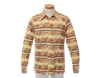 Vintage 70s Abstract Trees Print Disco Shirt 1970s Christopher Rand Landscape Graphic Pimp Dance Party Shirt / Mens S