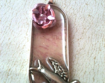 Victorian Pink Rose and Bird Necklace