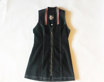 Vintage 90s Black Denim Zip Up Racer Mini Dress M