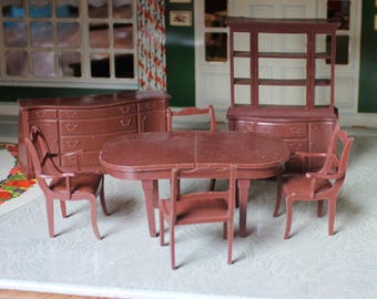 Marx plastic dollhouse furniture, Marxie Mansion brown dining room, Tin litho dollhouse miniature in soft plastic