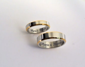 Engraved Promise Rings, Personalized Promise Rings, Two Tone Silver Gold Ring Set, Couple's Ring Set Engraved, Engraved Wedding Bands,