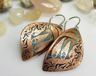 Copper Earrings Dangle, Copper Earrings Handmade, Copper Jewelry Handmade, Copper Anniversary, Boho Earrings, Etched Copper Earrings, Gifts