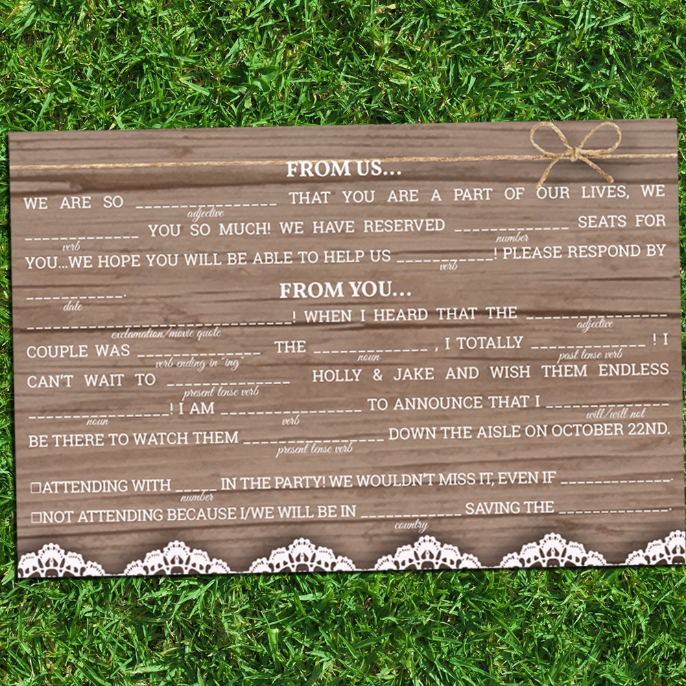 Ad Lib / Mad Lib Wedding RSVP Customized Rustic Chic RSVP