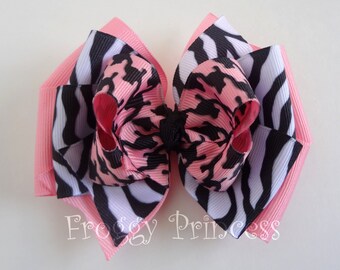 Pink and Black Hair Bow - Boutique Bow - No Slip Velvet Grip Hair Clip