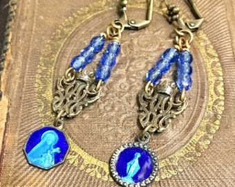 Cobalt, vintage assemblage earrings, European blue enamel medals, antique, Czech glass, antiqued bronze