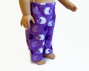 Doll Pajama Pants, 18 Inch Doll Clothes, AG Doll Pajamas, Purple Hedgehog Pajamas