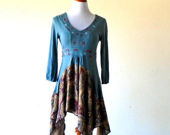 XS-S Blue Cornflower Country Tea Length Stevie Nicks Dress gypsy clothing lagenlook teen dress handmade hippie boho chic wearable art