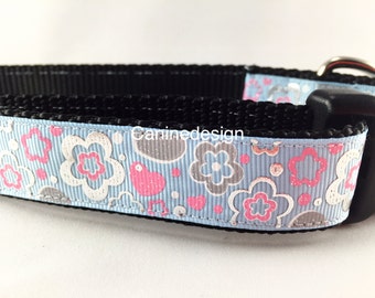 Dog Collar, Topaz Flowers, 1 inch wide, adjustable, quick release, metal buckle, chain, martingale, hybrid, nylon