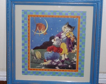 Childrens room decor nursery rhyme art print framed in blue