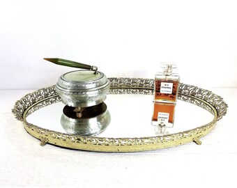 Vintage Gold Filigree Oval Vanity Mirror Tray