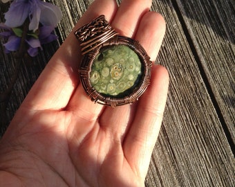Forest jasper round boho pendant wire wrapped in oxidized copper