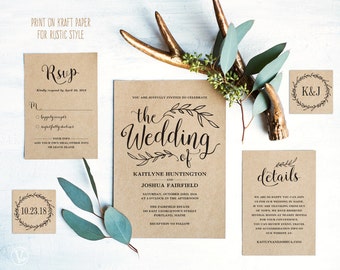 Vintage Wedding Invitation Suite, Printable Wedding Invitation Template, Rustic Wedding Invitation Cards, DIY Wedding, Editable Text, VW01