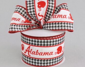 10 yards On The Roll of 2.5" wide Classic Football Helmets and Alabama on Black and White Houndstooth themed Polyester Wired Ribbon..