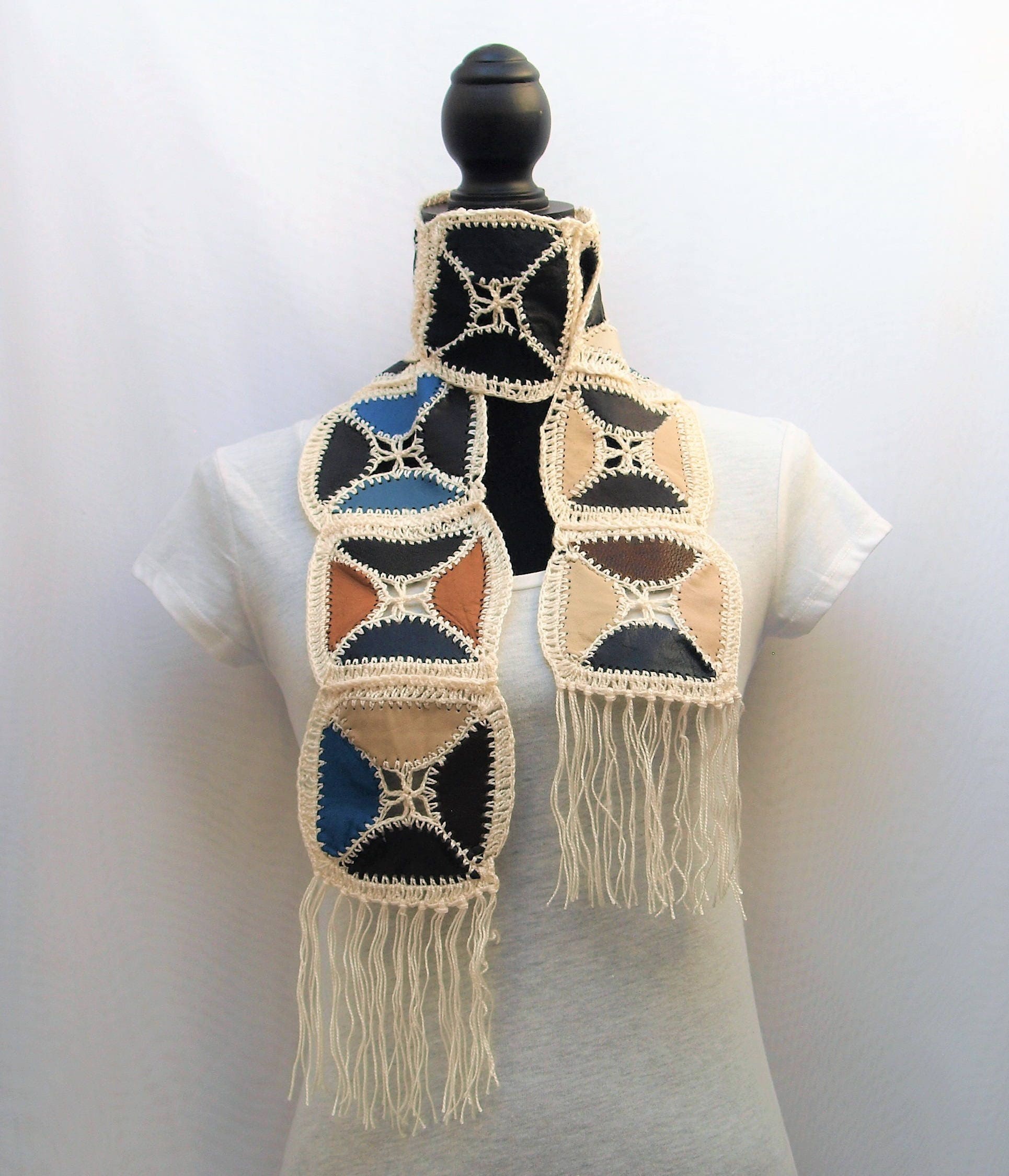 Skinny Leather Scarf/ Belt/ Sash/ Head Wrap Crocheted