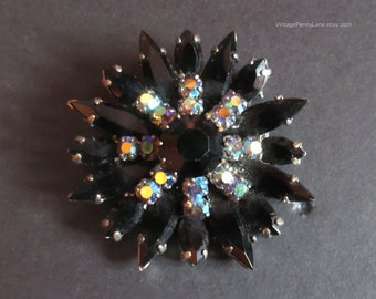 Vintage Black and Aurora Borealis Rhinestone Brooch, Flower Pin