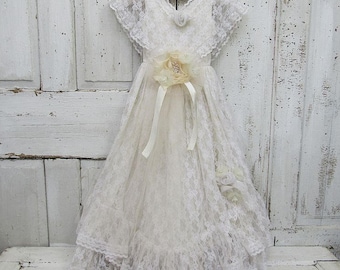 Vintage lace white dress wall hanging decor shabby cottage chic handmade long girls embellished millinery home decor anita spero design
