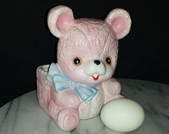 Vintage Pink Teddy Bear Planter / 1960s Pink Baby Bear Blue Bow Planter / Vintage Planter for Baby / Vintage Baby Gift
