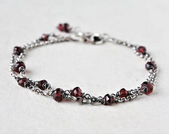 Sterling silver garnet bracelet, oxidized silver multi strand bracelet, gemstone bracelet, dainty silver bracelet