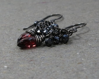 Garnet Earrings Black Spinel Cluster January Birthstone Oxidized Sterling Silver Gift for Her