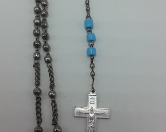 Vintage pocket size metal and blue bead Rosary, Small Rosary, Prayer Beads