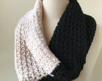 BLACK And IVORY Siena Merino Wool Hand Knit Infinity Scarf Shoulder Wrap, Neckwarmer, Snood, Shawl, Women's, Chunky, Hygge, Winter, Cozy