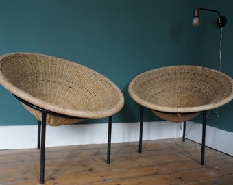 Mid century boho wicker cane hoop tub chairs