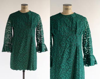 60s Dress - Bell Sleeve Dress - Emerald Green Dress - Lace Mini Dress - Midori Sour Dress