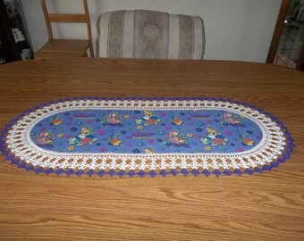 Crocheted, Alice in Wonderland Table Runner, Girls Dresser Scarf, Childrens Dresser Scarf, Fabric Center Crocheted Edging, Lace Centerpiece