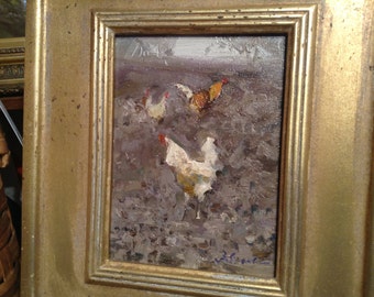 Antique Oil Painting on Canvas of a Rooster and Hens in a Barnyard, Original Art Signed by the Artist