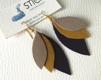 Earrings 3 petals: deep purple, mustard and gloss