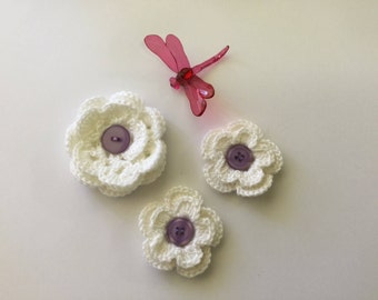Crochet flowers, crochet appliqués, set of three flower appliqués, white flowers,