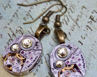 Citrine - Steampunk Earrings - Hamilton Watch parts earrings - Repurposed - Recycled - Drop earrings