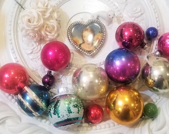 14 Piece Vtg Mercury Glass Christmas Ornament Lot Stencil Feather Shiny Brite!!