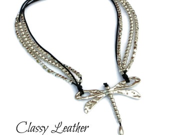 Dragonfly necklace, dragonfly jewelry,dragonfly choker,leather necklace,silver dragonfly necklace,designer necklace,statement necklace,gift