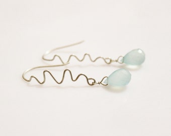 Aqua Chalcedony Sterling Silver Earrings, Zig Zag Earrings